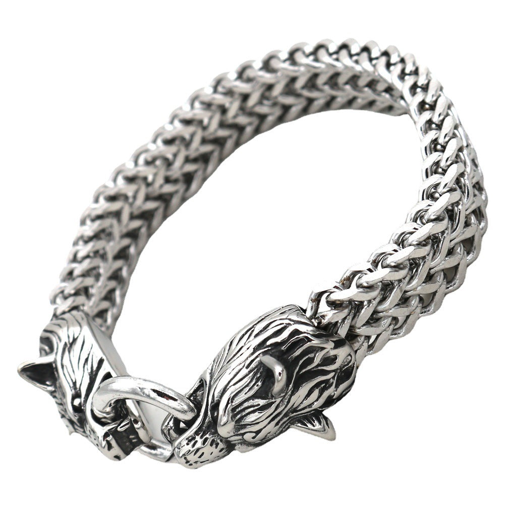 Edelstahl Wolfskopf-Armband Titanstahl-Doppelring-Armband für Herren