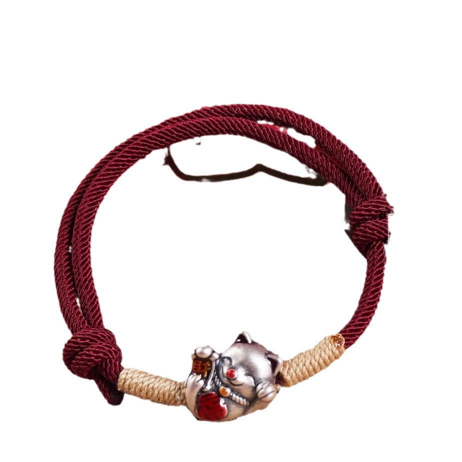 Handgewebtes Glückskatze Fu-Zeichen Tibetisches Rotseil-Armband für Damen