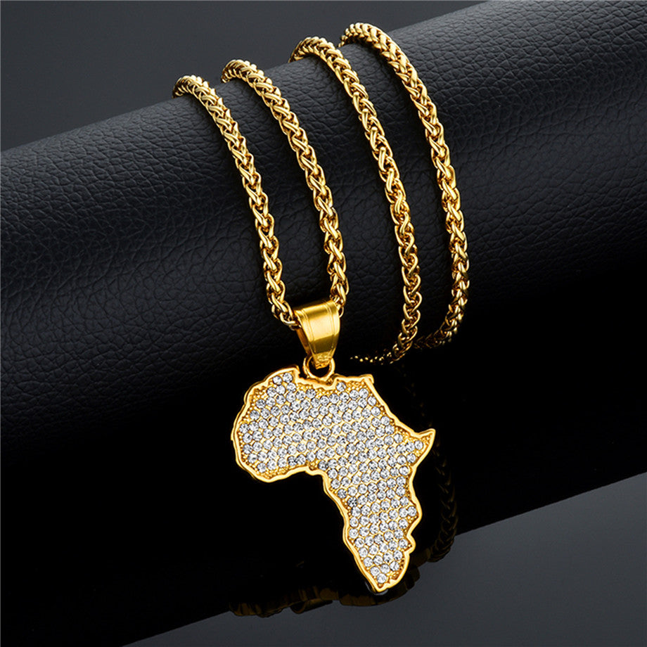 Titanium Steel Gold-plated Diamond African Map Pendant