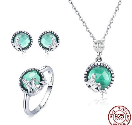 Meerjungfrau Ohrstecker Ring Kombination Damen Meerjungfrauenliebe S925 Sterling Silber Diamant Ohrring Set