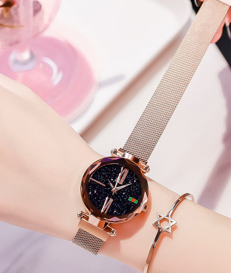 Reloj de mujer de cielo estrellado con correa de malla magnética y cuarzo de diamantes