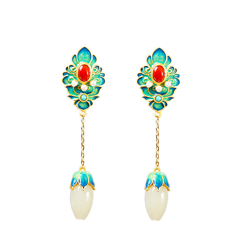 Pendientes de flor de plata S925 con incrustaciones de jade blanco Hetian