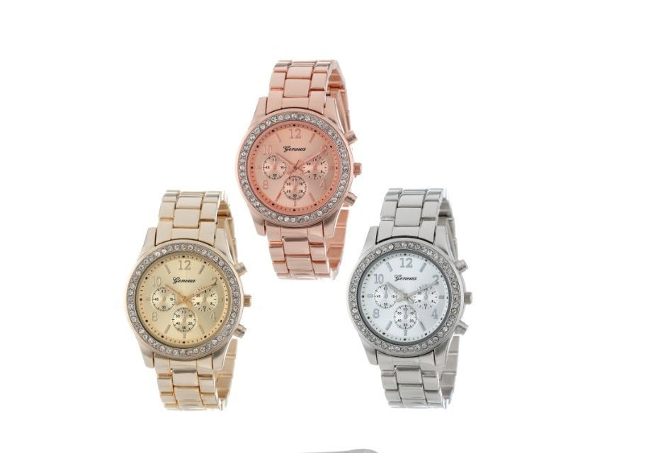 Pulsera de reloj de diamantes, reloj con correa de acero inoxidable, reloj de aleación Geneva