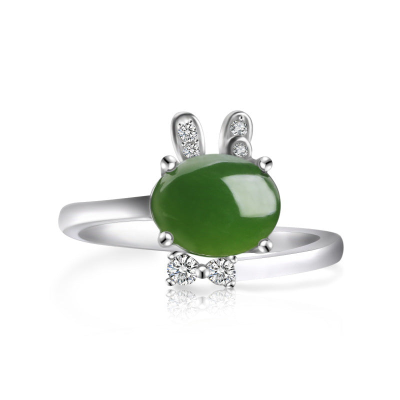 Großhandel Sterlingsilber 925 Retro Kaninchen Jade Verstellbare Damenringe Krappenfassung Jaspisringe