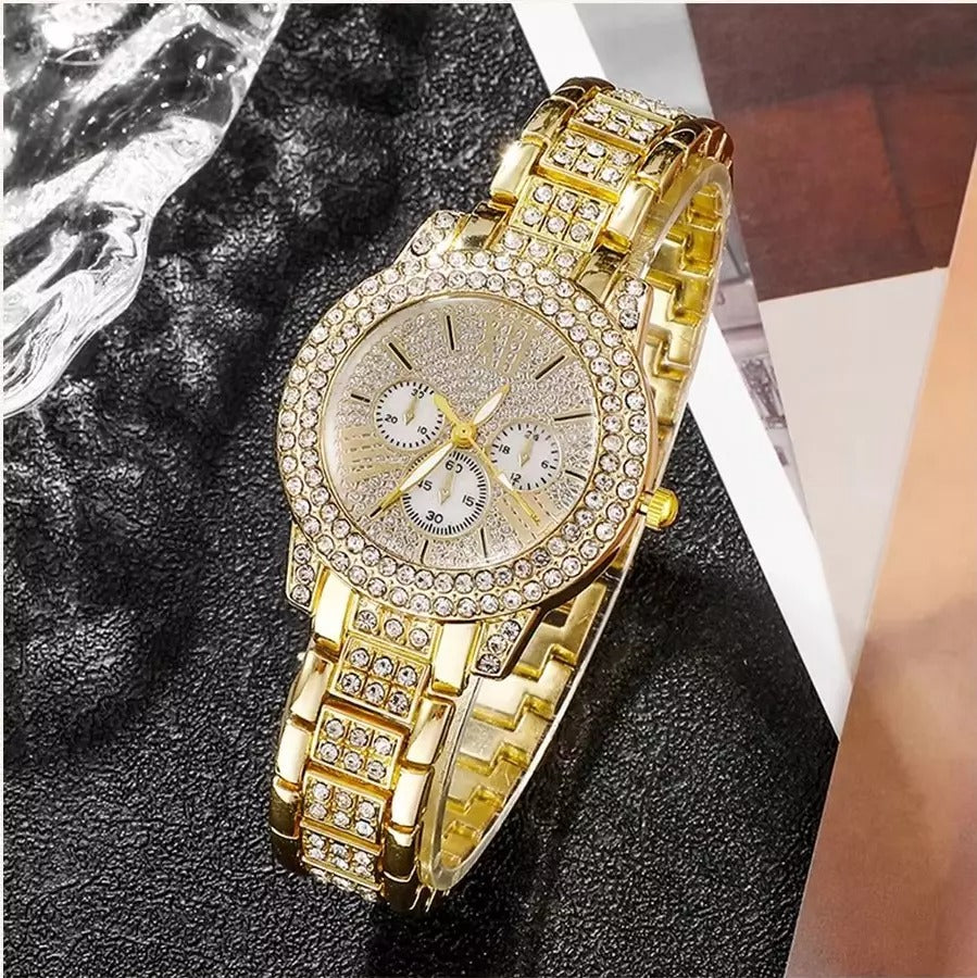 Vollbesetzte Diamant-Armbanduhr für Damen, Quarzuhr, Modeschmuck