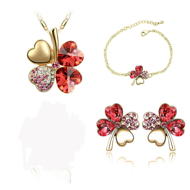 Kreatives vierblättriges Kleeblatt Kristallschmuck-Set
