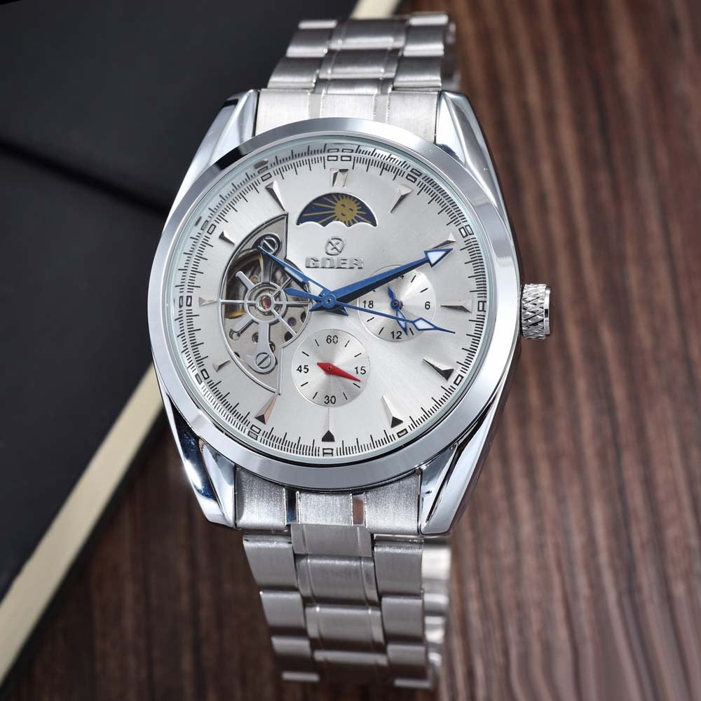 Herrenuhr Tourbillon Uhren Edelstahlarmband Automatische Mechanische Armbanduhren Mondphase Kleine Sekunde Uhr
