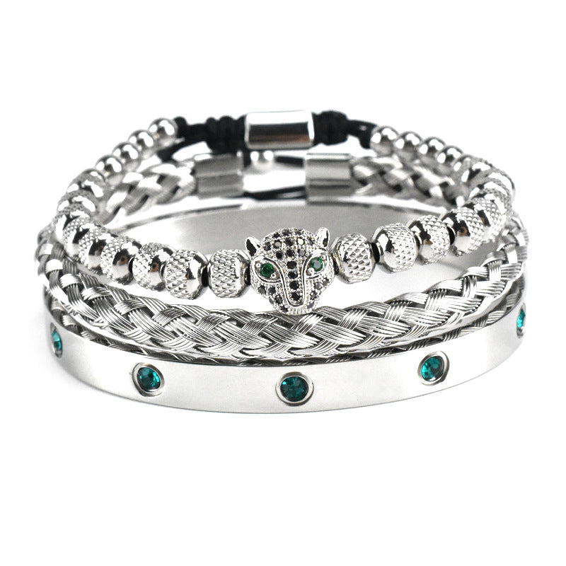 Pulsera Microincrustada Cabeza de Leopardo Ojo Verde Acero Inoxidable Zircón Verde Diez Diamantes