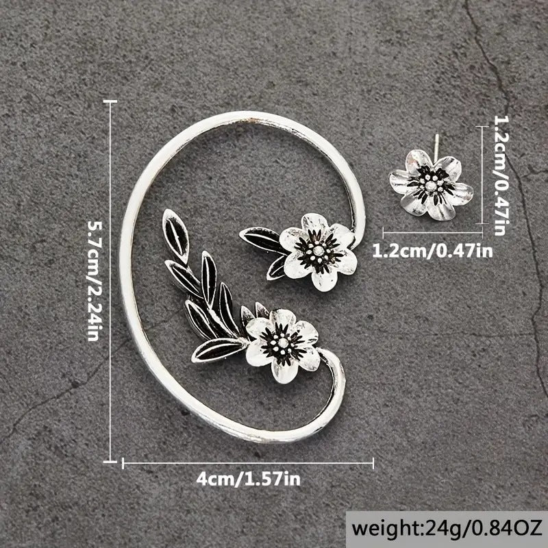 Pendientes de gancho asimétricos vintage con planta y flor