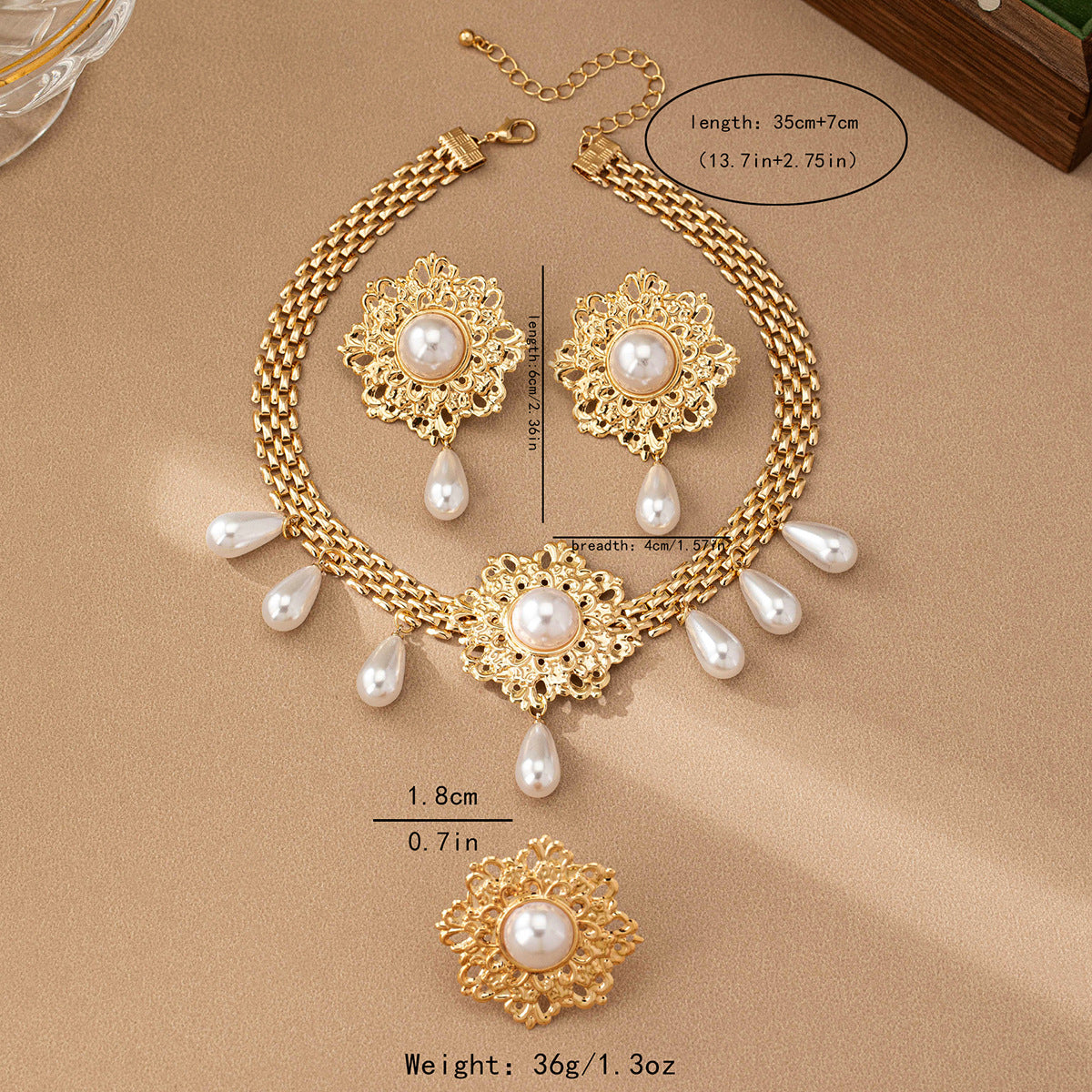 Französische Retro Aushöhlen Blume Perle Quaste Halskette Ohrstecker Ring