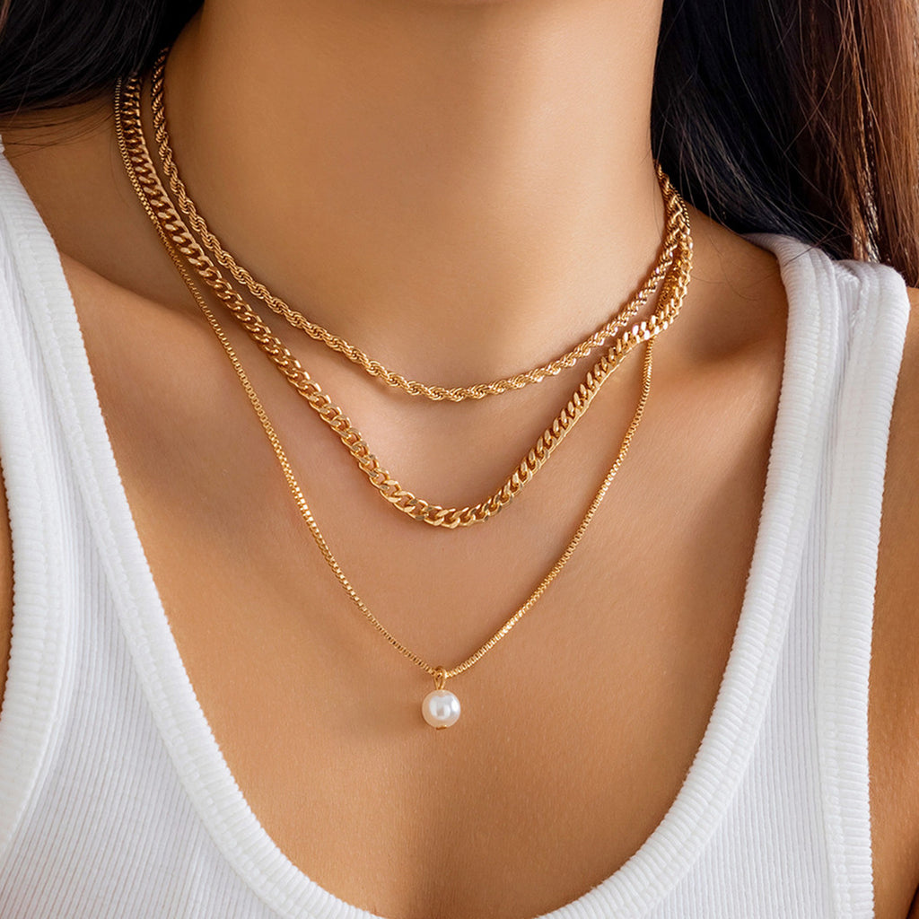 Damen schlichte, schlanke Kette, mehrlagige Kunstperlenkette