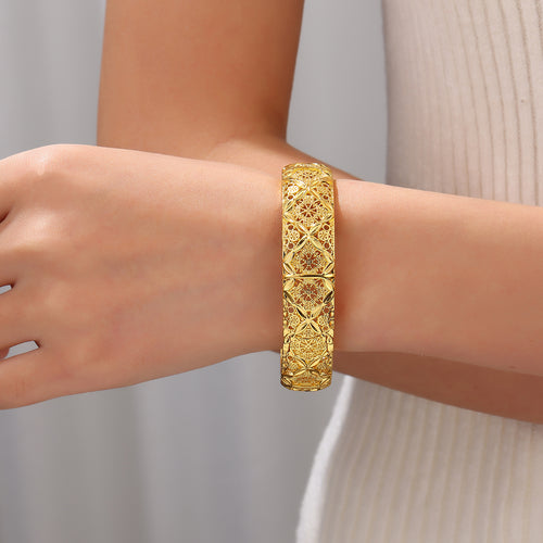 1 Stück Vintage Luxus 18k Kupfer Vergoldetes Vierblatt Hohlskulptur Damenarmband, nahöstlicher Brautschmuck
