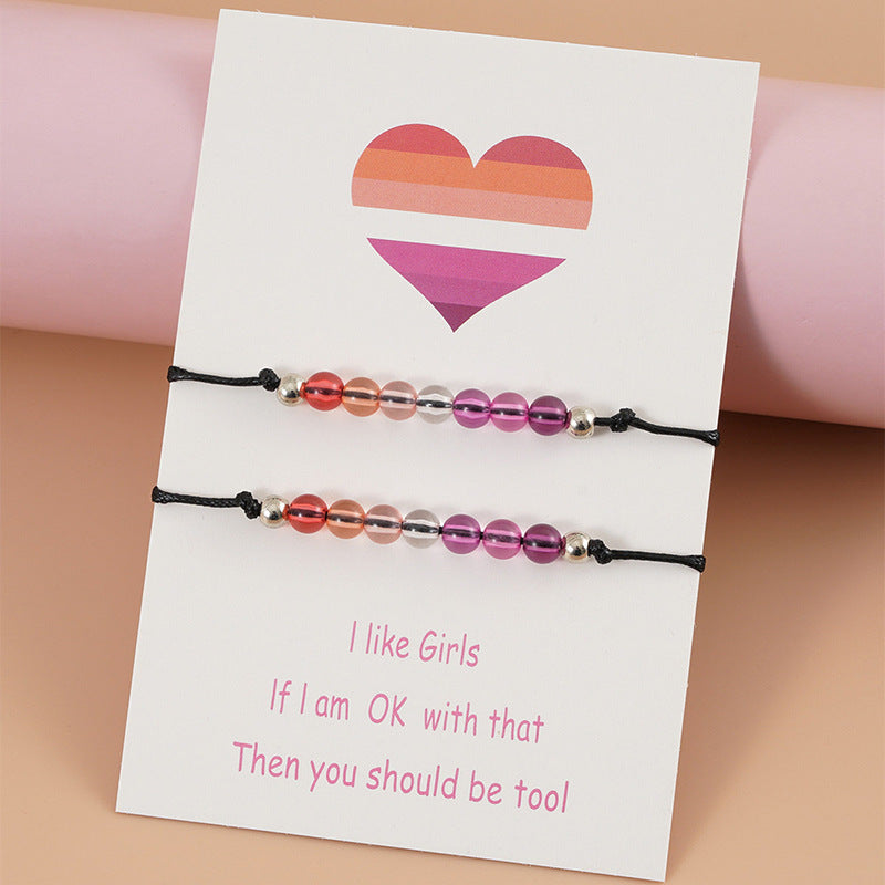 Pulsera de tarjeta para pareja bisexual con cuentas de colores, pulsera ajustable de bolas acrílicas tejidas para mujer