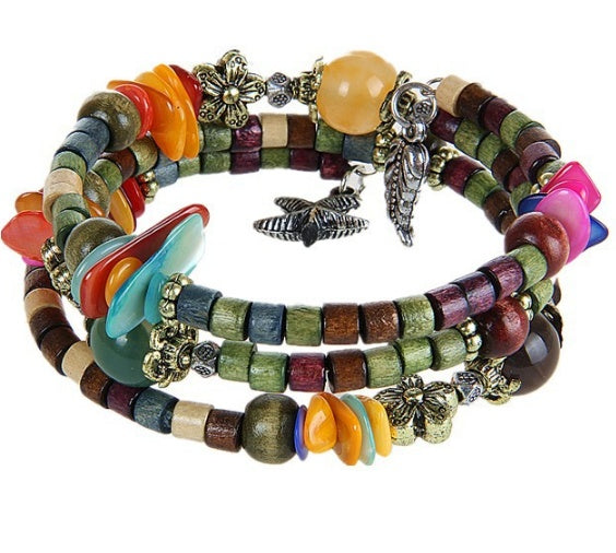 Nationaler Vintage-Holzarmreif aus buddhistischen Perlen, Muschel, Seestern-Anhänger, Holzarmband, Damenstil, Holzperlenarmband