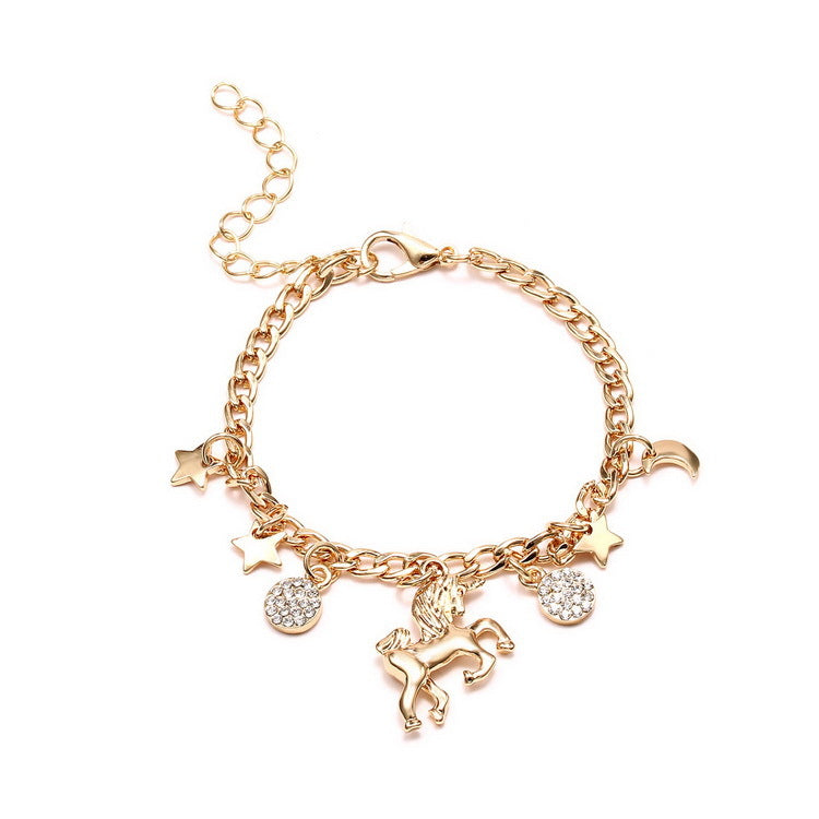 Trendy Alloy Silver Gold Color Unicorn Charms Bracelet With Moon Star Charms Cute Anime Bracelet For Woman Girls Gift