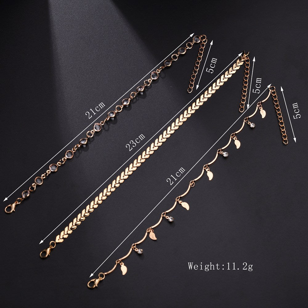 Quaste Pailletten Kleine Blätter Pfeilspitzen Diamantbesetztes dreiteiliges Fußkettchen-Set