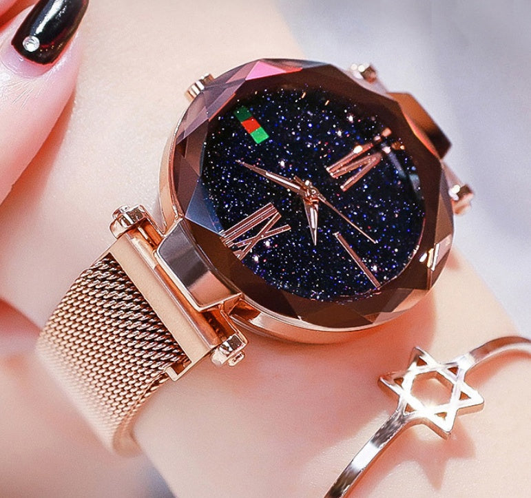 Reloj de mujer de cielo estrellado con correa de malla magnética y cuarzo de diamantes
