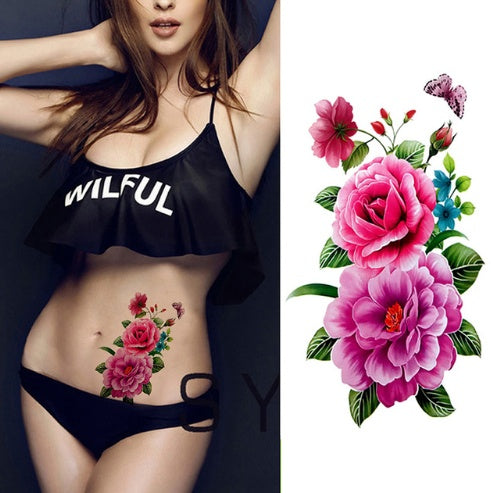 Pegatina de tatuaje de flores, boceto a color, pegatina de tatuaje de flores, peonías, rosas, ciruelos, pegatina de tatuaje