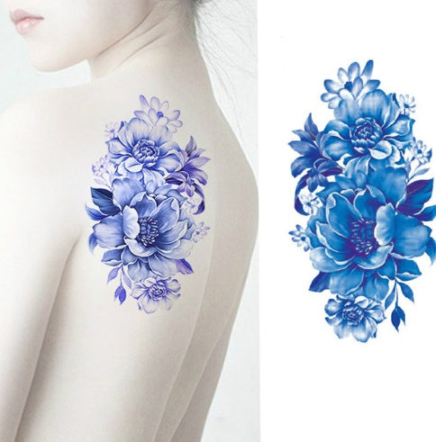 Pegatina de tatuaje de flores, boceto a color, pegatina de tatuaje de flores, peonías, rosas, ciruelos, pegatina de tatuaje