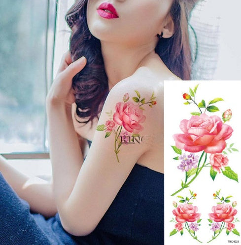Pegatina de tatuaje de flores, boceto a color, pegatina de tatuaje de flores, peonías, rosas, ciruelos, pegatina de tatuaje