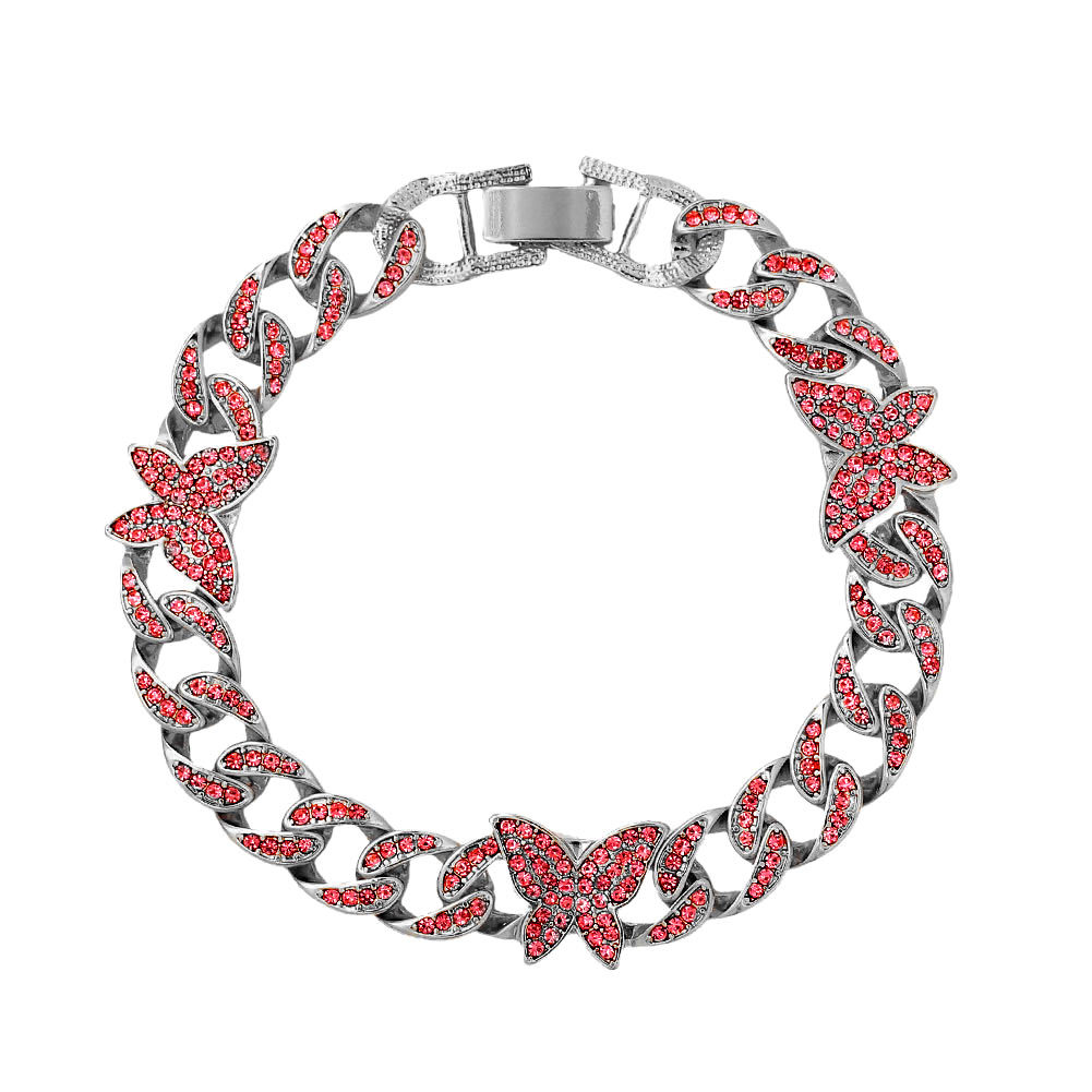Tobillera de cadena cubana con accesorios de mariposa de diamantes completos con personalidad