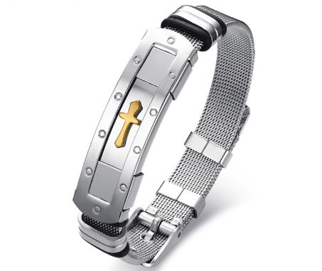 Pulsera con dije de cruz de acero inoxidable, pulsera de reloj ajustable para hombre, joyería cristiana