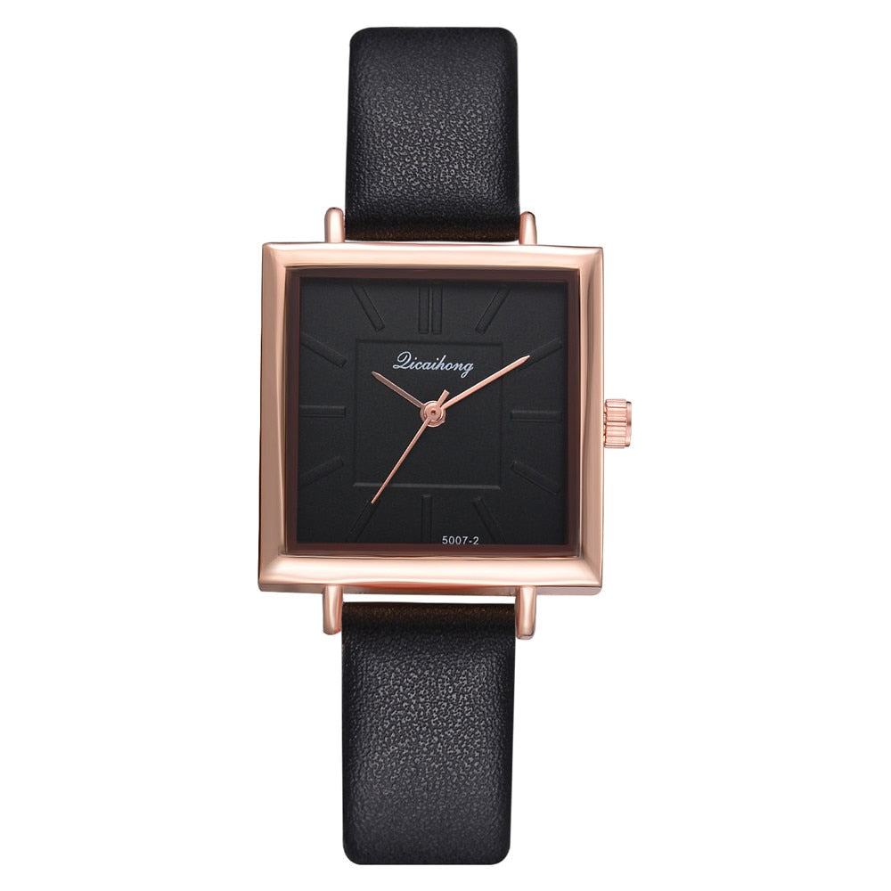 Pulsera Cuadrada de Cuero Contratado con Reloj de Cristal para Mujer, Relojes de Pulsera para Mujer, Reloj de Cuarzo para Señoras