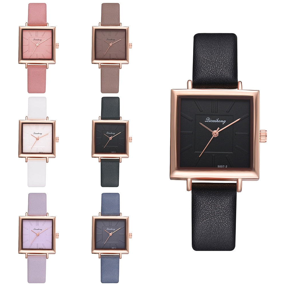 Pulsera Cuadrada de Cuero Contratado con Reloj de Cristal para Mujer, Relojes de Pulsera para Mujer, Reloj de Cuarzo para Señoras