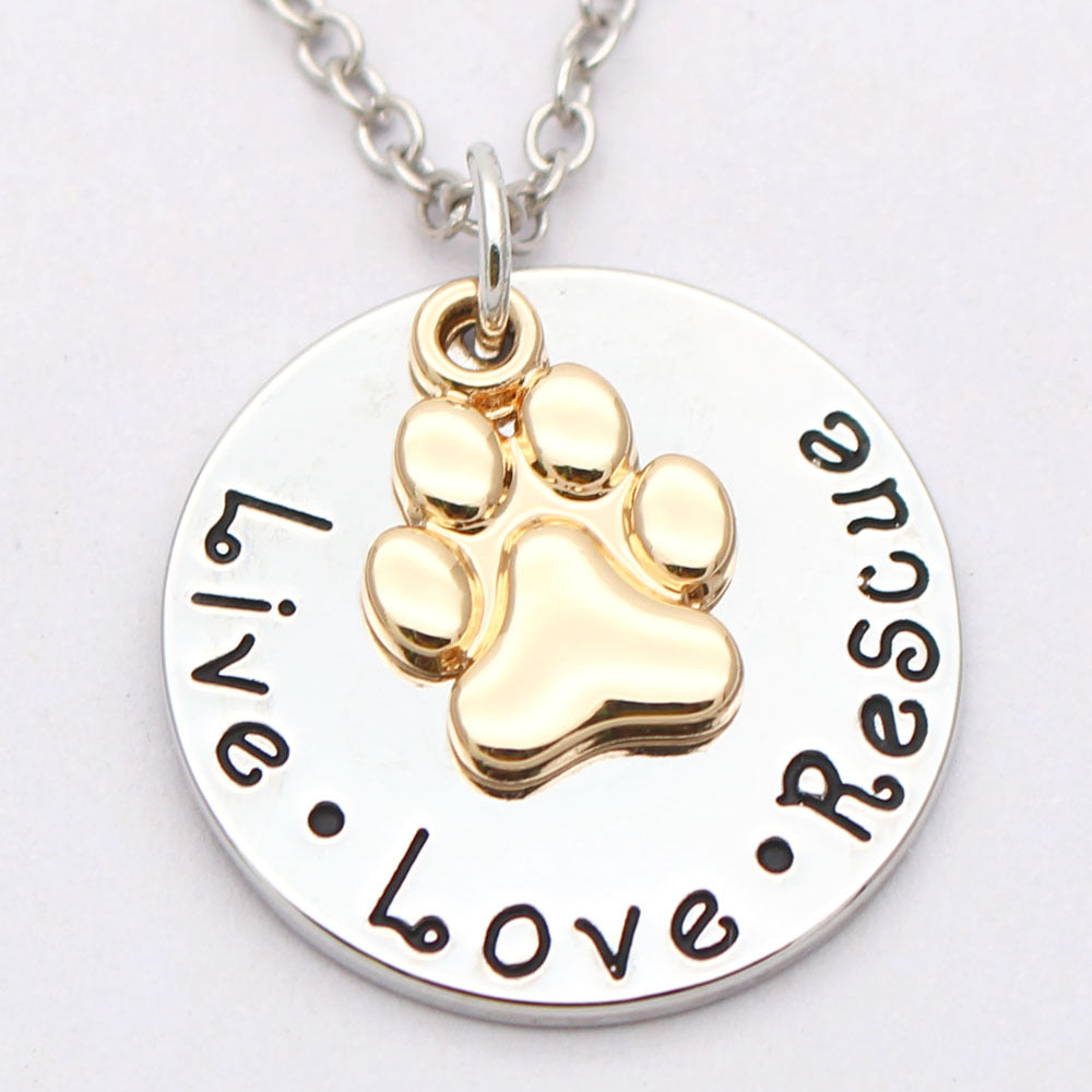 Hundepfoten-Halskette für Tierliebhaber „Live · Love · Rescue“