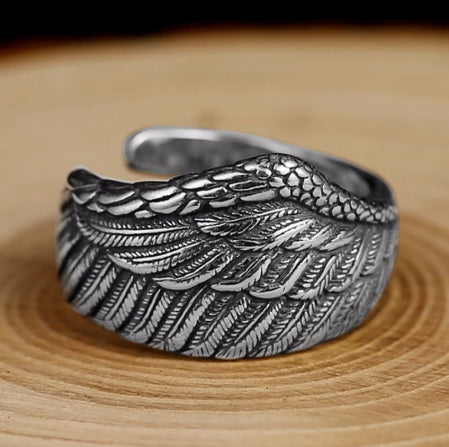 S925 Silber Herrenring Verstellbar Adlerflügel Feder Retro Schwarz Punk Biker Herrenringe Damen Sterling Silber Schmuck