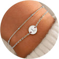 Pulsera doble capa de letras redondas plateadas, de acero inoxidable para mujer, con cuentas pequeñas en forma de arroz, en capas
