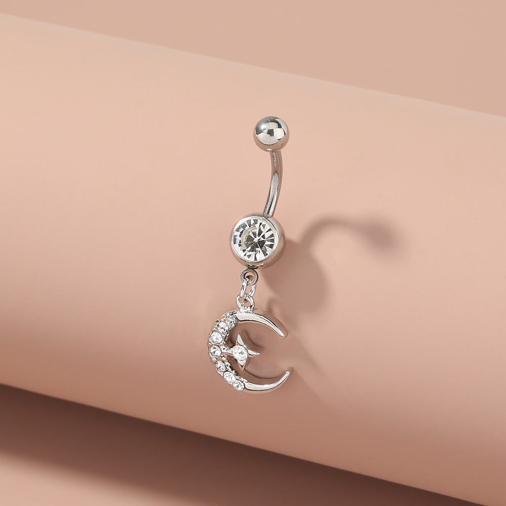 Pendientes de ombligo de acero inoxidable con diseño de luna y estrella con diamantes, exquisitos y brillantes, joyería de perforación corporal, tendencia de moda europea y americana.