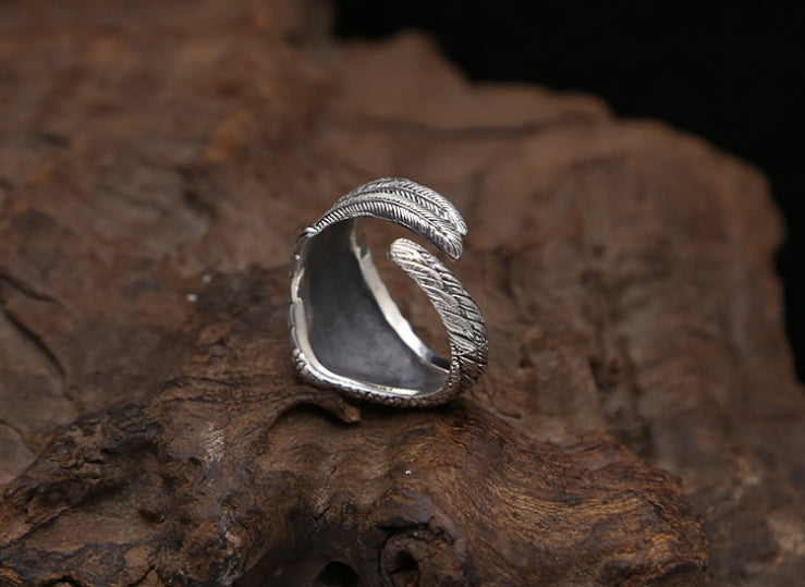 S925 Silber Herrenring Verstellbar Adlerflügel Feder Retro Schwarz Punk Biker Herrenringe Damen Sterling Silber Schmuck