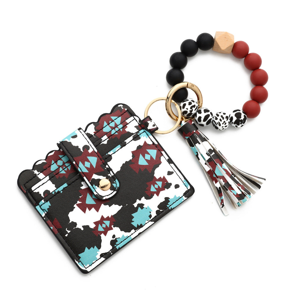 Llavero de pulsera de cuentas de silicona con estampado de leopardo
