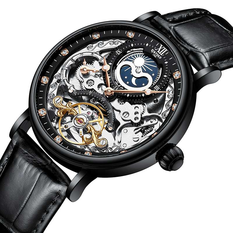 Neue KINYUED echte automatische Leder Herrenuhr Uhren hohle mechanische Uhren Reisezeit genau