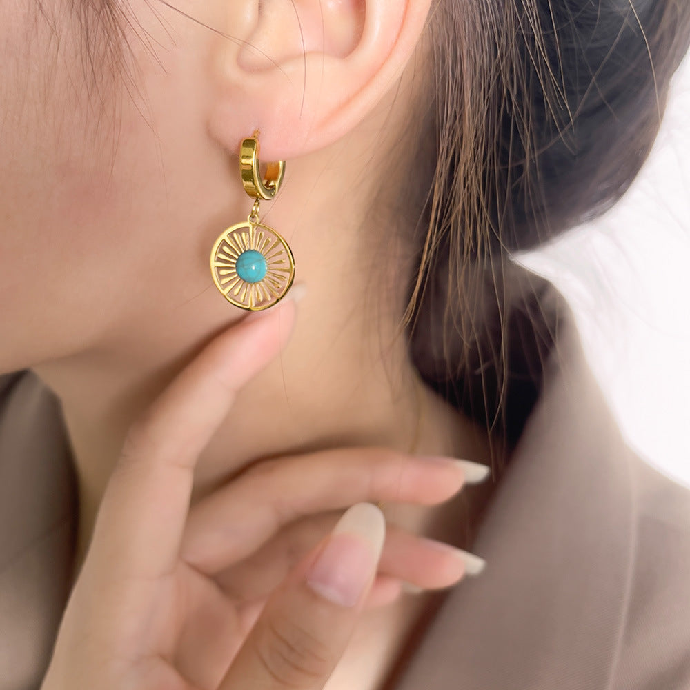 Pendientes huecos redondos geométricos turquesa retro francés