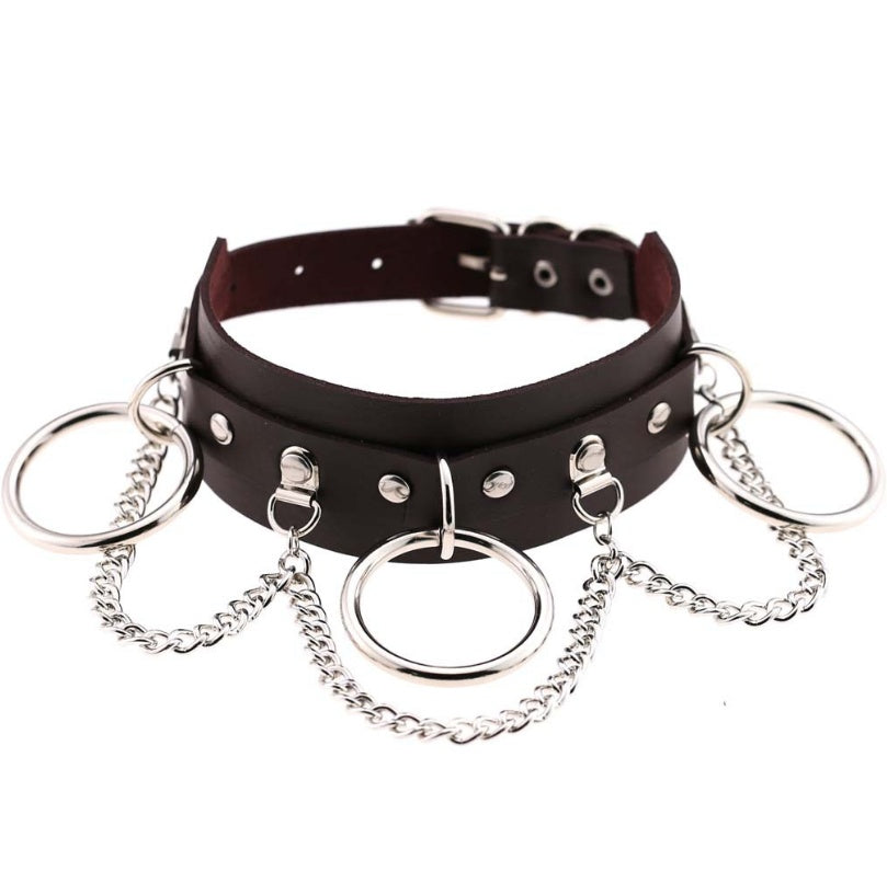European and American style personality exaggerated PU leather collar necklace Punk street shooting nightclub O-ring chain clavicle chain neck collar
