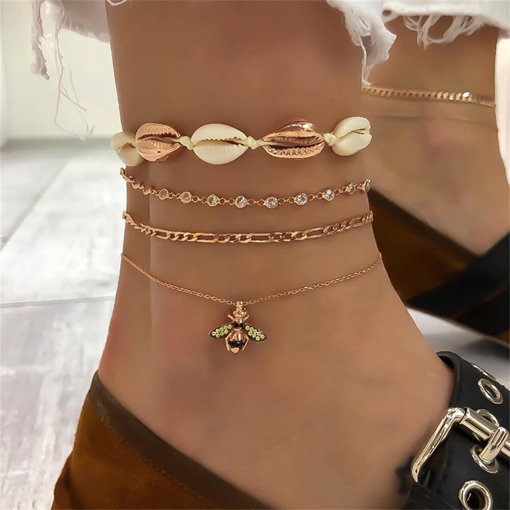Tobillera Popular de Conchas para Mujer Tejido Cadena de Diamantes Colgante de Abeja de Diamantes Completos Calzado Multicapa
