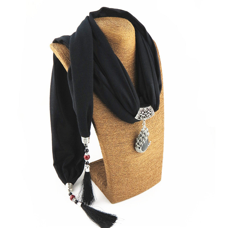 Nuevo colgante de piedra de pavo real con borla de cuentas de cerámica, bufanda para mujer, joyería de moda bohemia con dijes