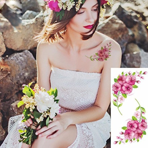 Pegatina de tatuaje de flores, boceto a color, pegatina de tatuaje de flores, peonías, rosas, ciruelos, pegatina de tatuaje