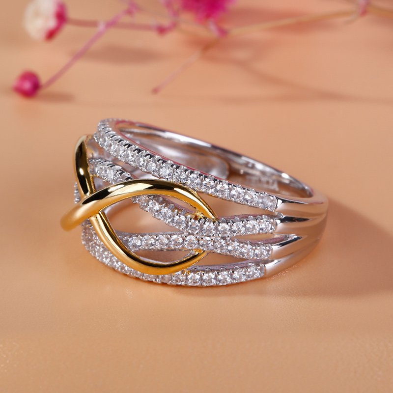 Einfacher Ring im Trenty-Stil mit zweifarbiger runder Zirkonia-Schleife aus Kupfer für Damen, Hochzeit, Verlobung, Schmuck-Accessoires