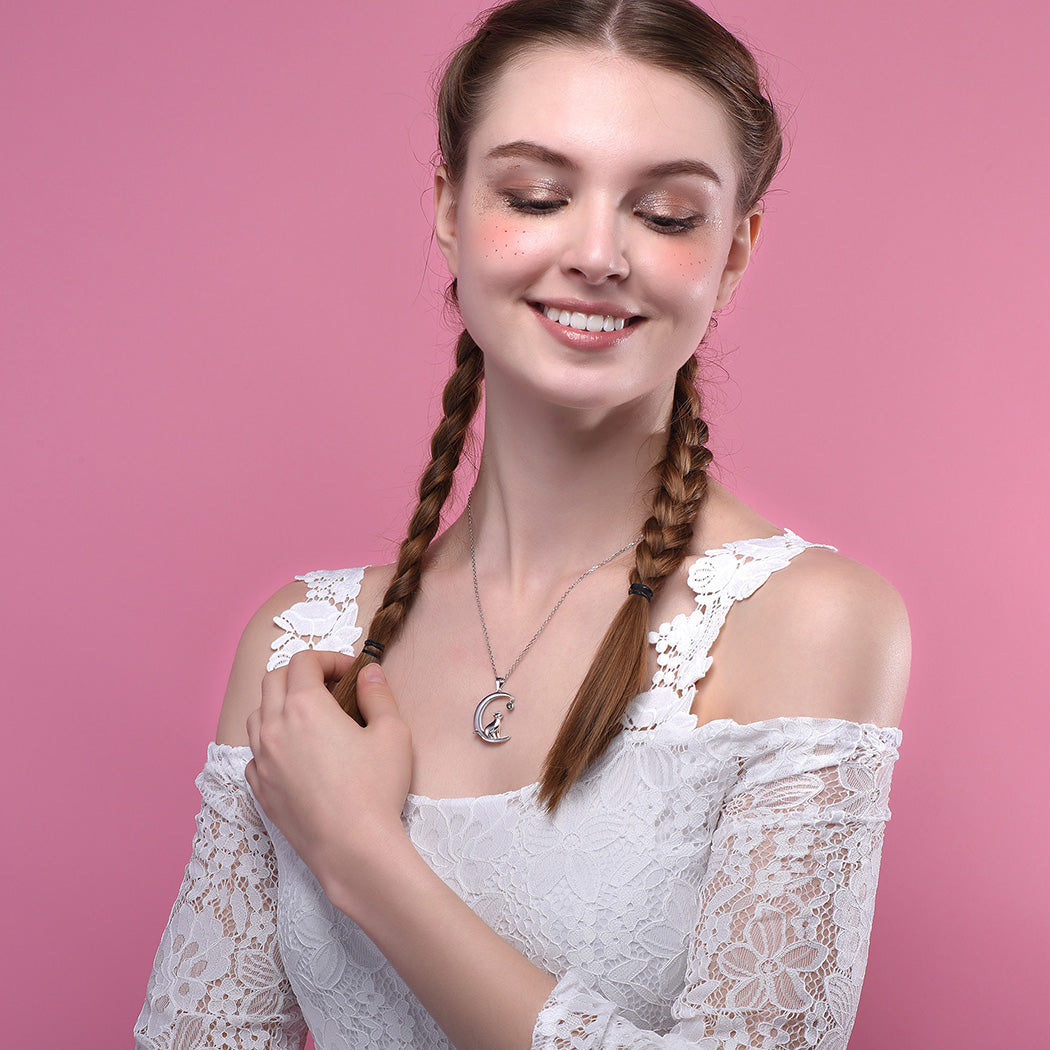 925 Silver Moon Cat Necklace Clavicle Chain Female Simple Korean Trendy Topaz Pendant