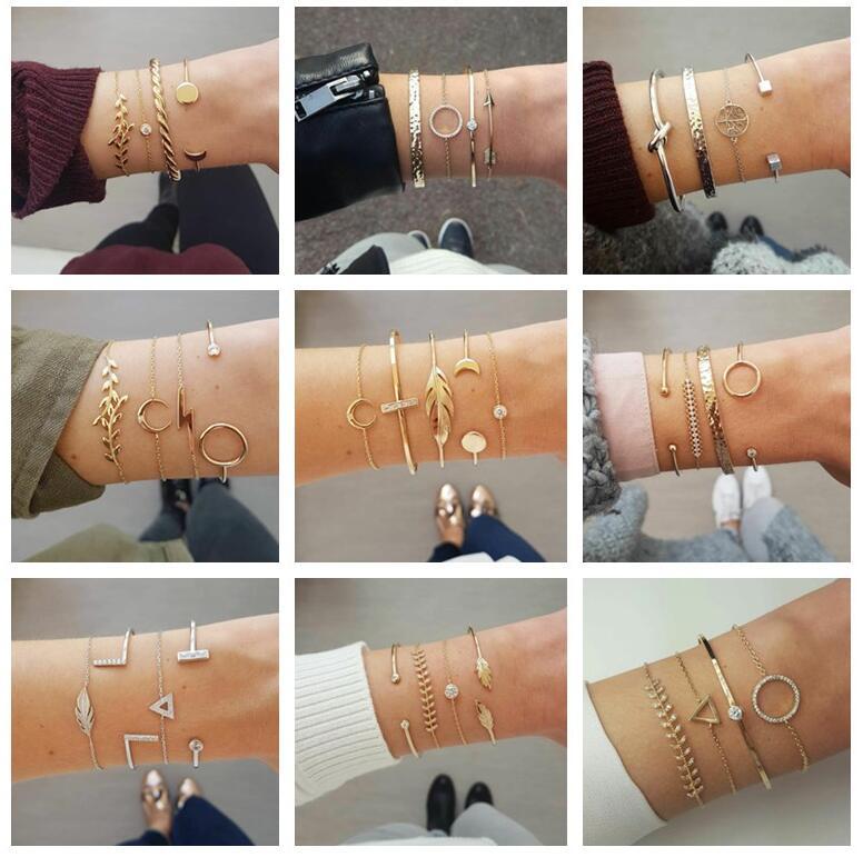 Conjunto de Pulseras de Oro Plata Cristal Hoja Luna Flecha Gato de Moda para Mujer Pulsera Ajustable Geométrica Brazaletes Pulseiras