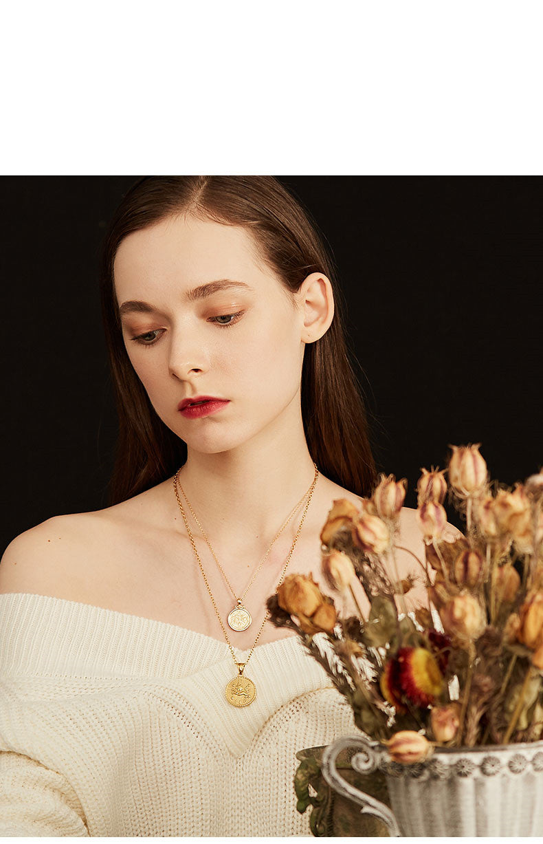 Zodiac sign gold coin engraved necklace