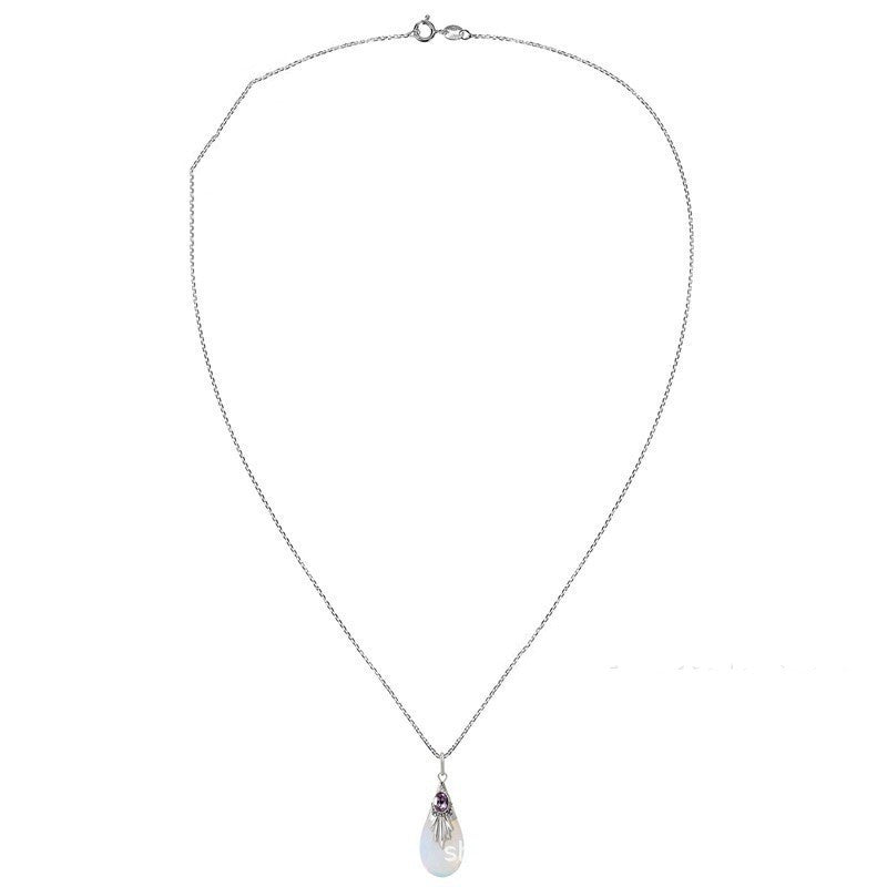 Teardrop Semi-precious Moonstone Pendant Necklace For Women Zircon Silver Color Fashion Jewelry
