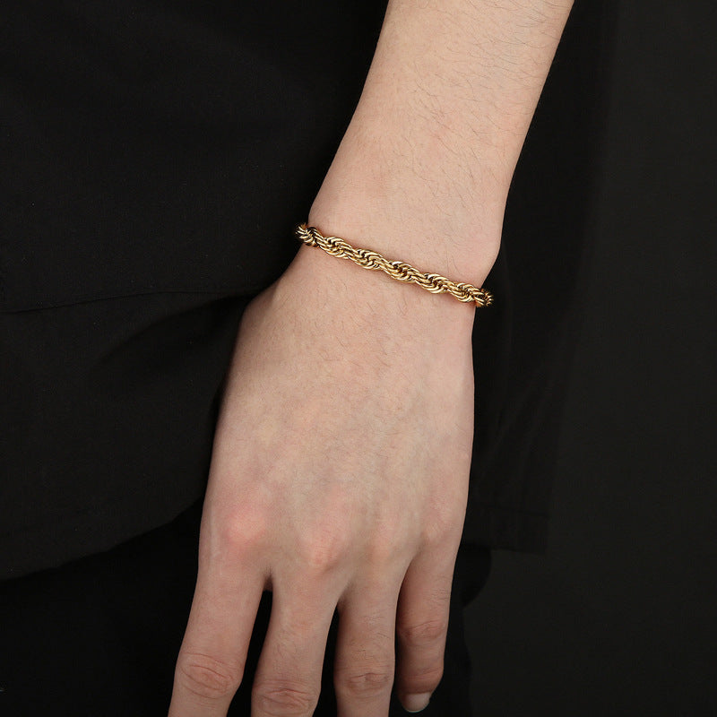 Pulsera de acero inoxidable con cadena trenzada de doble color dorado para hombres y mujeres