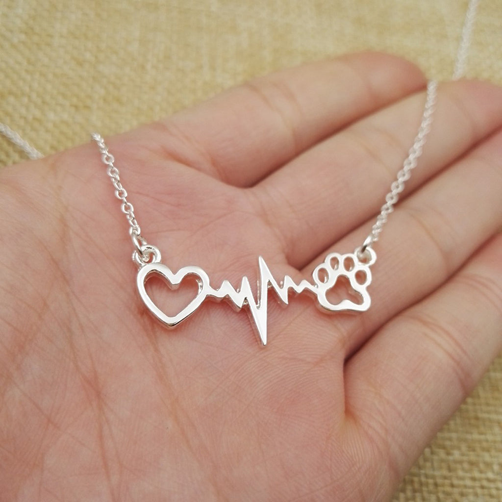 Cute Animal Vintage Jewelry Necklaces Silver Love Cats And Dogs Paws Love Heart Heartbeat Necklace Paw Print Pendants Neckalce
