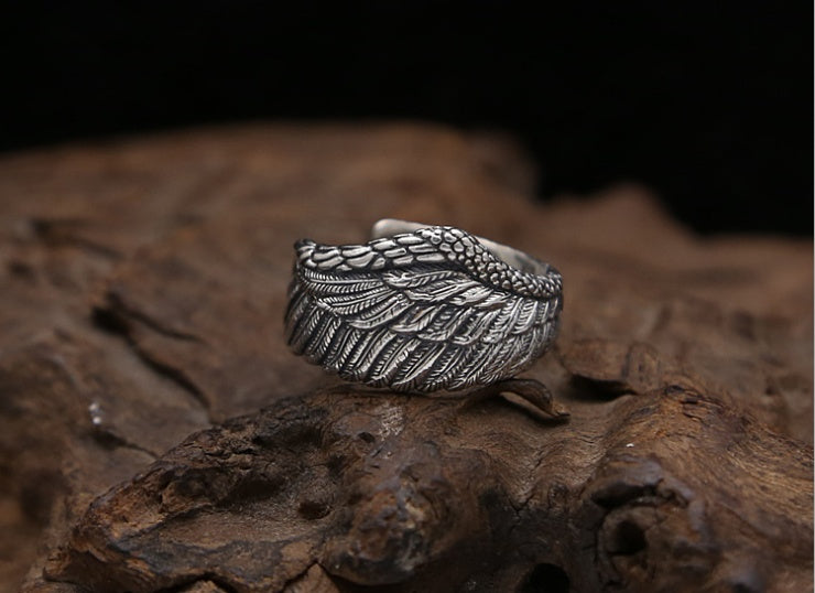 S925 Silber Herrenring Verstellbar Adlerflügel Feder Retro Schwarz Punk Biker Herrenringe Damen Sterling Silber Schmuck