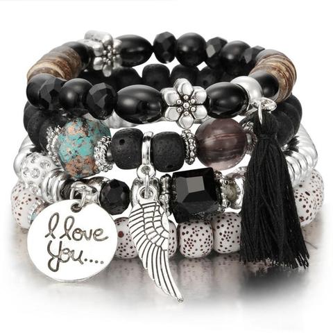 Moda multicapa de cristal de lava cuentas con alas y borlas pulseras y brazaletes Pulseras Mujer Joyería para regalo de mujer