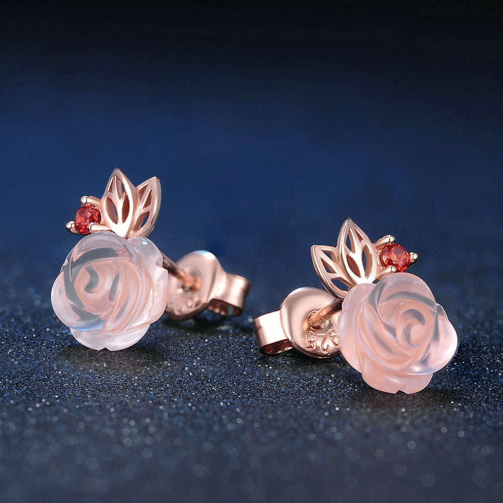 Blume Rosenquarz Edelsteine 18K Roségold plattiert Feiner Schmuck Silber Set